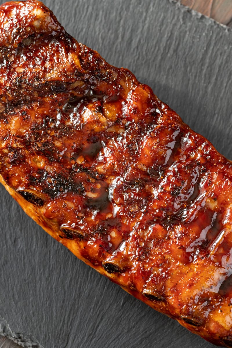 Overhead view of oven-baked ribs.