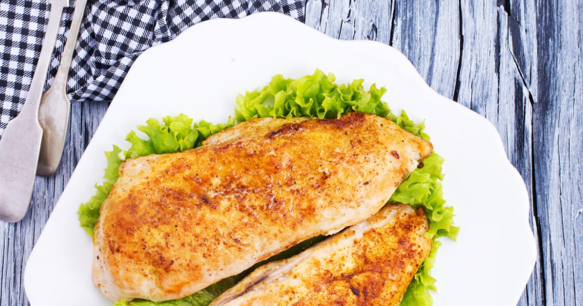 Overhead view of prepared chicken breast.