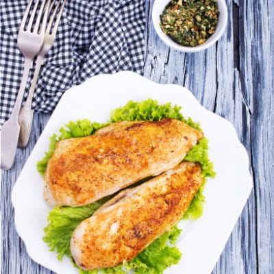 Overhead view of prepared chicken breast.