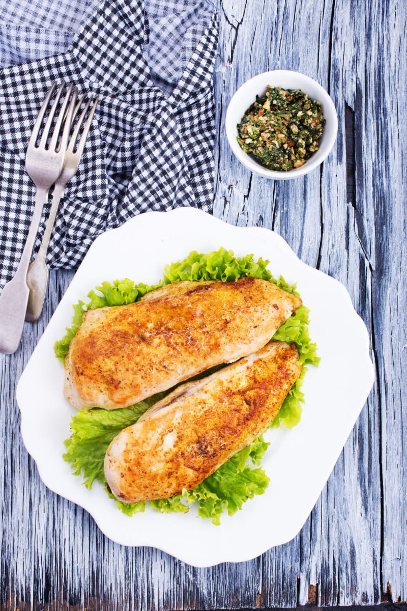 Overhead view of prepared chicken breast.