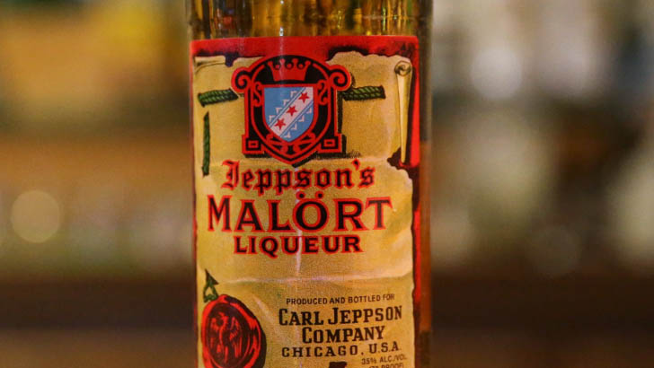 Close up view of Jeppson's Malort liqueur.