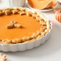Top view of pumpkin pie to represent egg substitutes for pumpkin pie.