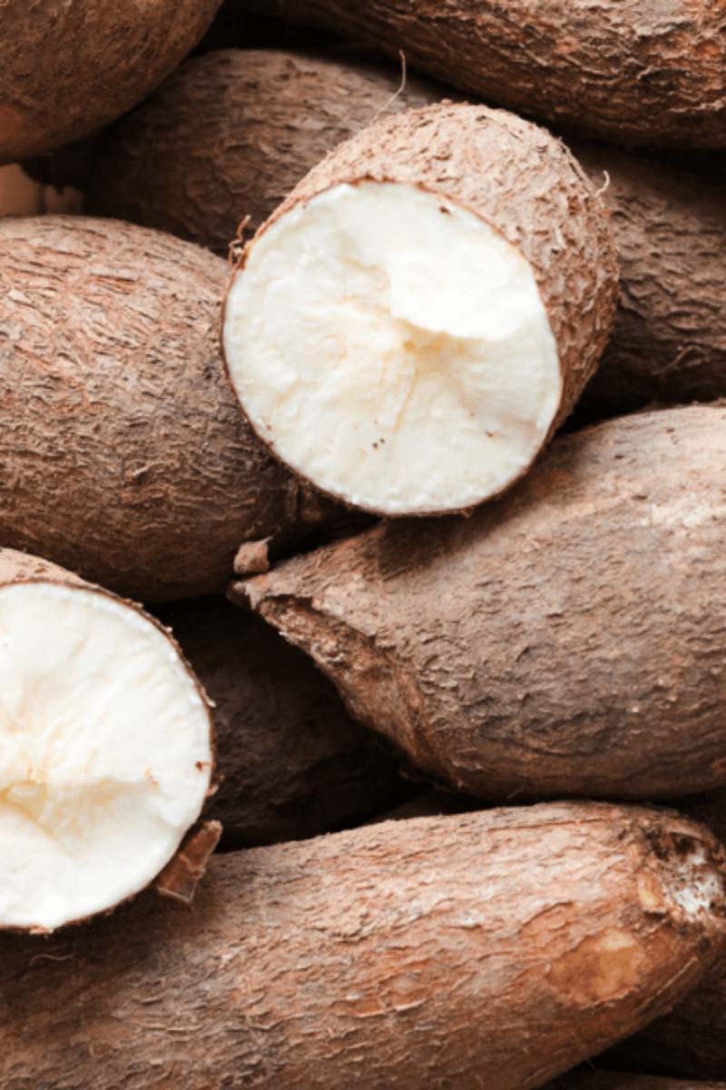 Close up view of tapioca root, cut in half.