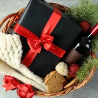Close up of Christmas hamper or gift basket.