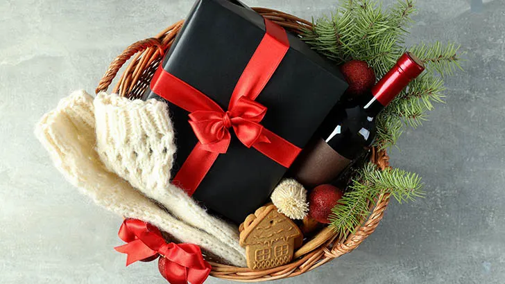 Close up of Christmas hamper or gift basket.
