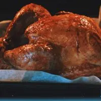 Turkey roasting in pan in oven.