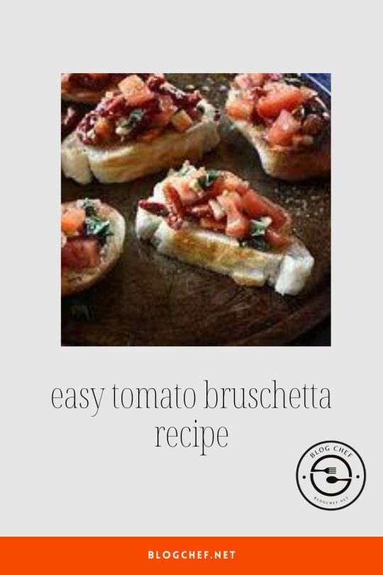 Close up view of tomato bruschetta recipe, prepared with text overlay that reads, easy tomato bruschetta recipe.