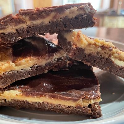 Close up view of peanut butter chocolate brownies.