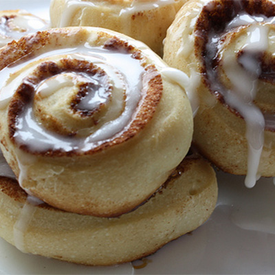 Close up view of fresh-made cinnamon rolls.