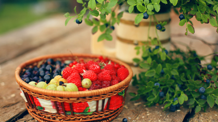 Basket of raw food next to herbs on table, to represent raw chef concept.