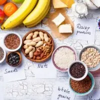 Concept to support vegetarian meal planning with non-meat foods on table with labels.