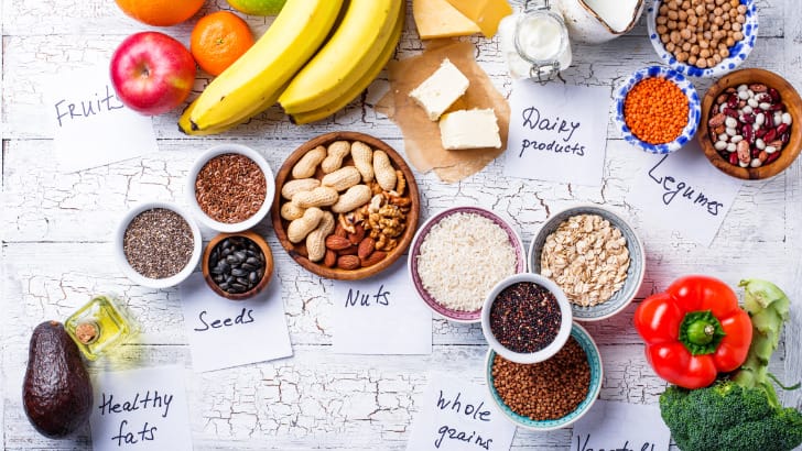 Concept to support vegetarian meal planning with non-meat foods on table with labels.