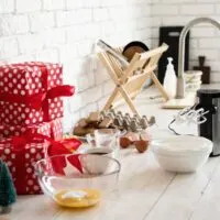 View of kitchen counter with Christmas gifts