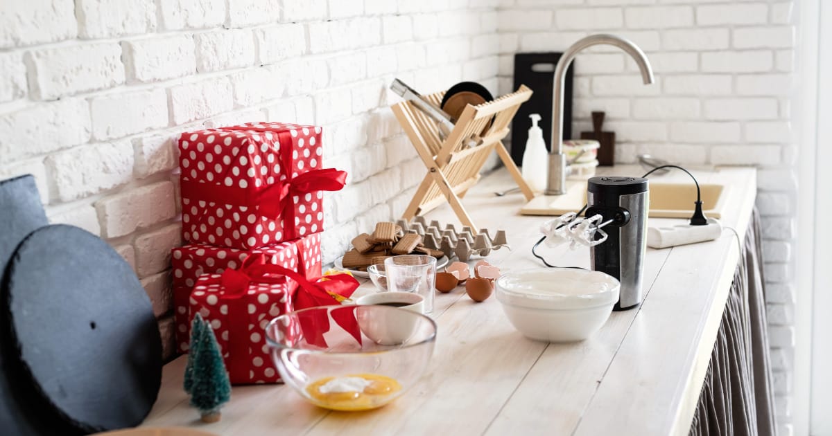 View of kitchen counter with Christmas gifts