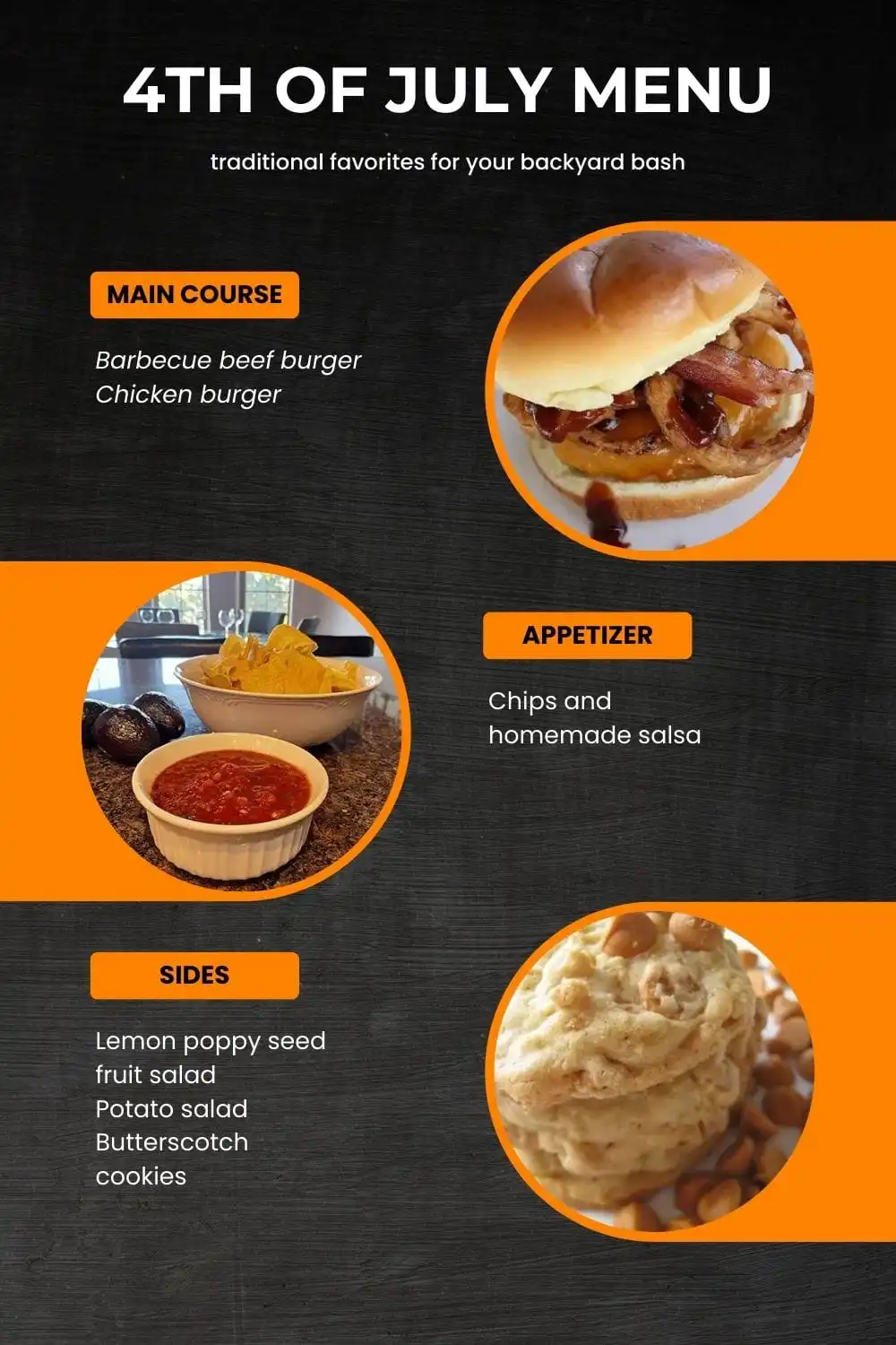 4th of July menu with three images of burger, salsa, and cookie.