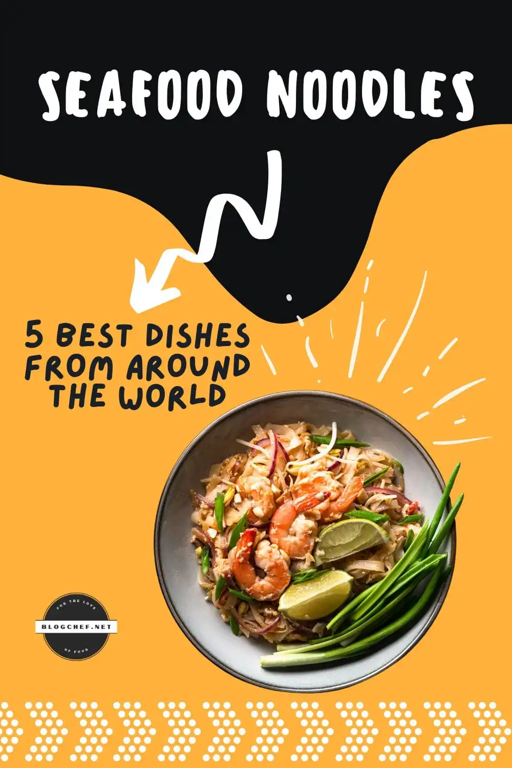 Pad thai dish with shrimp on graphic with text.