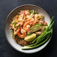 Top view of Pad Thai noodles with shrimp.