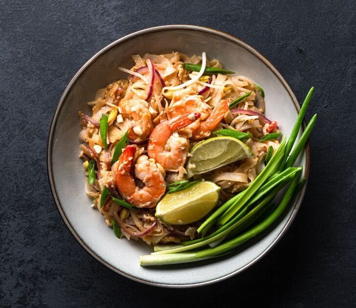 Top view of Pad Thai noodles with shrimp.