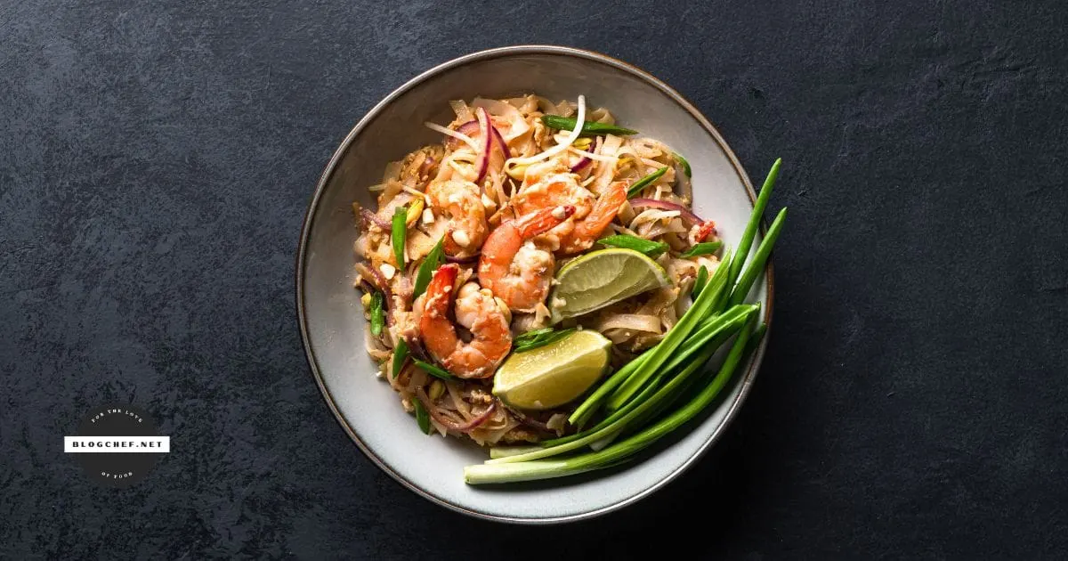 Top view of Pad Thai noodles with shrimp.