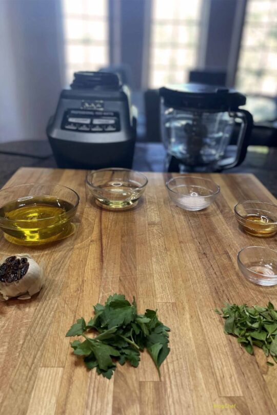 Ingredients for roasted garlic vinaigrette.