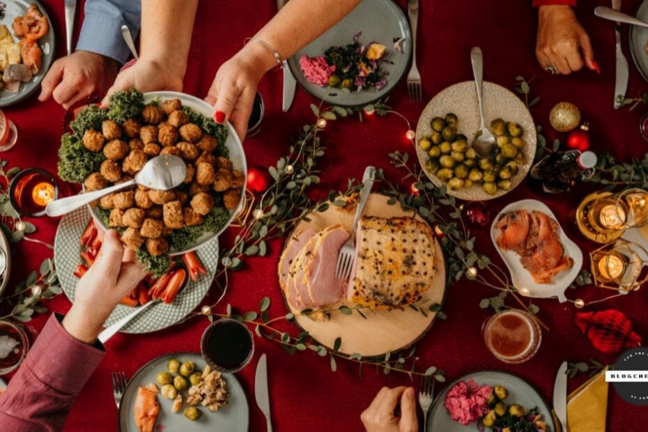 Holiday meal takeout food collage.