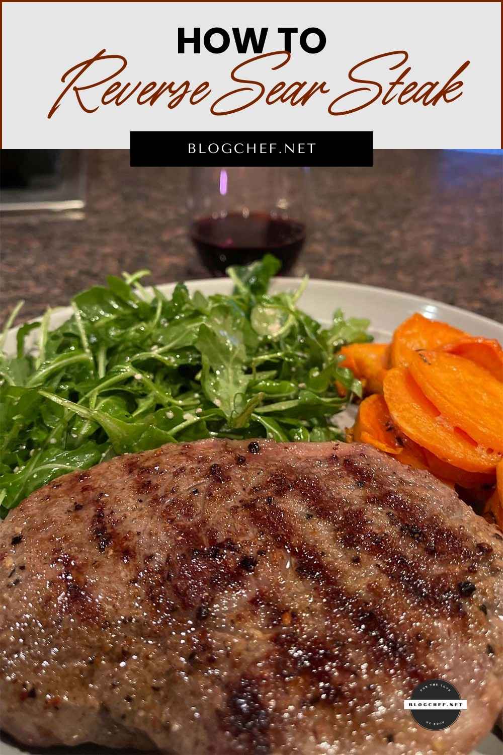 Reverse-sear steak served with arugula salad and carrots.