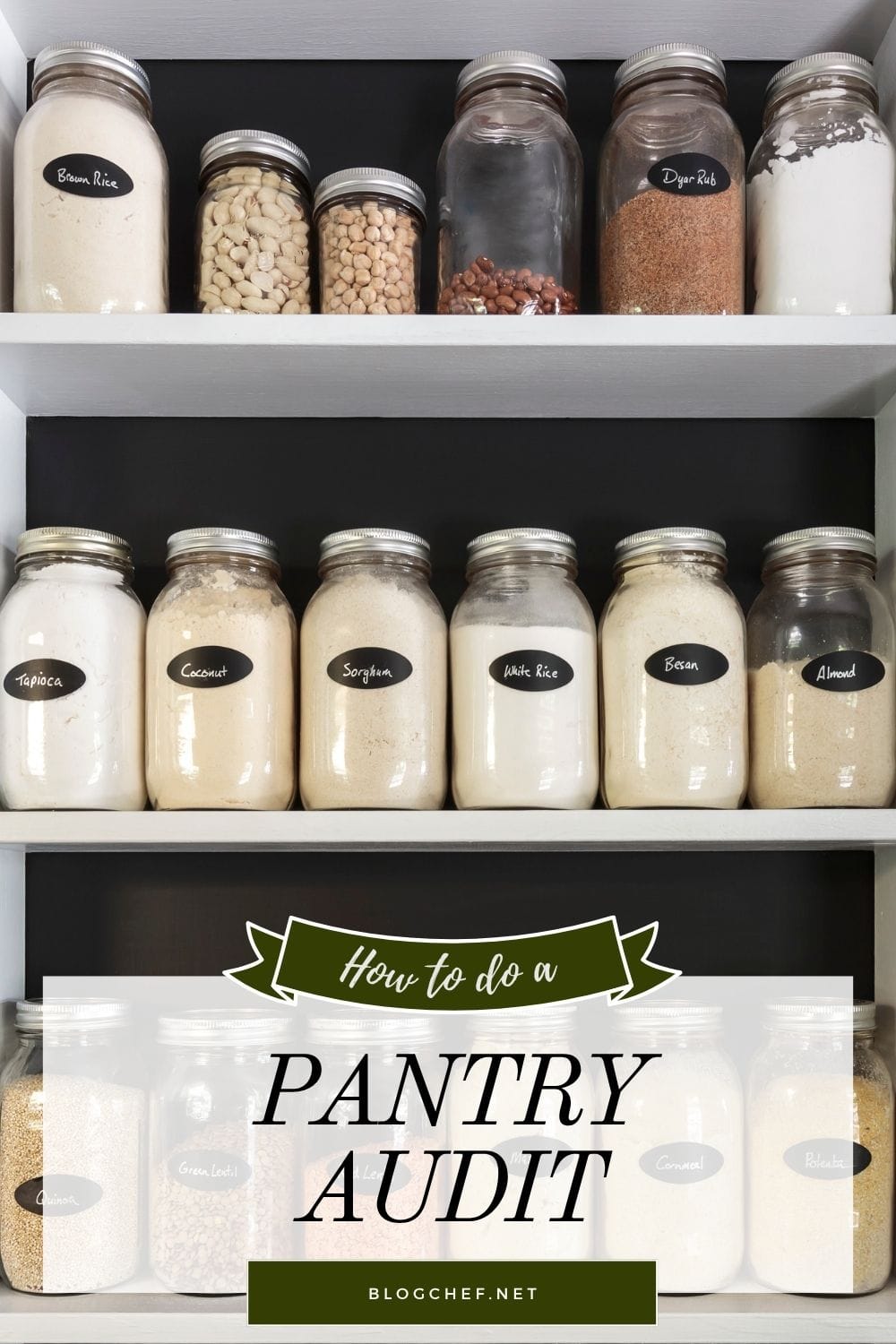 Labeled jars inside pantry