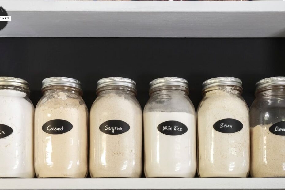 Labeled jars on pantry shelf