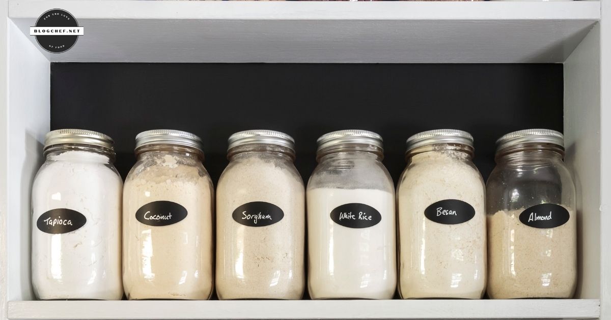 Labeled jars on pantry shelf