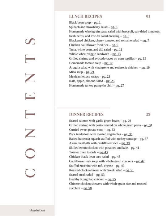 table of contents for blogchef's heart healthy meal plan download