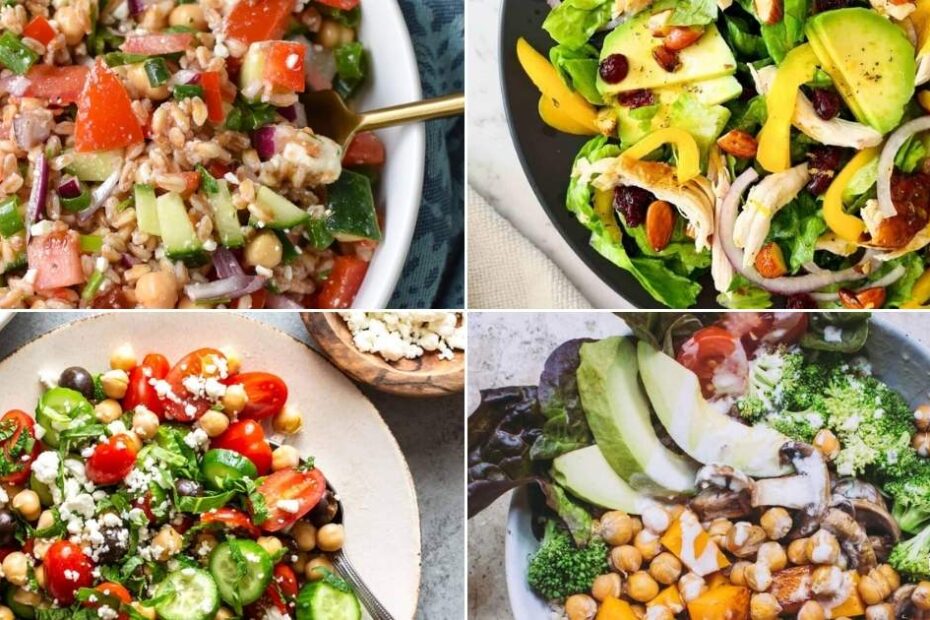 Overhead view of assorted healthy salads in bowls