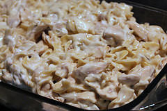 Casserole of chicken noodle mixture before baking