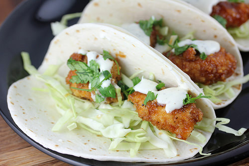 Chicken tacos topped with cabbage and creamy sauce