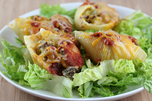 Fajita stuffed shells filled with beef, cheese, and peppers
