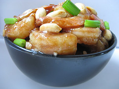 Close-up of Kung Pao shrimp with peanuts in bowl