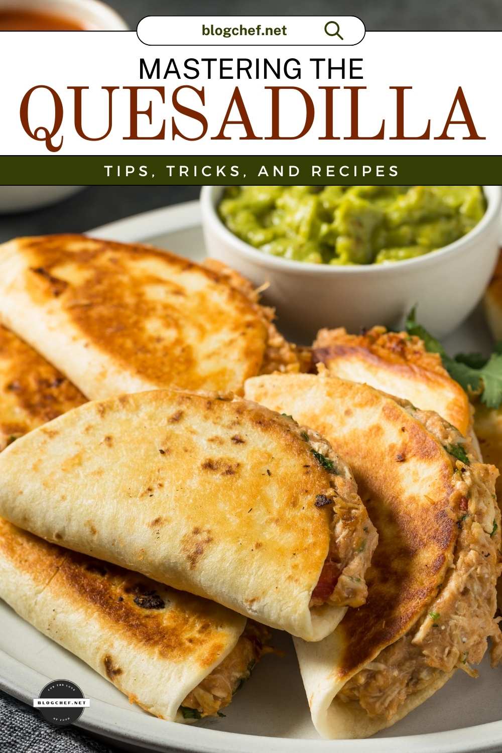 Quesadillas on a plate with guacamole dip