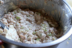 Mixing bowl of tuna salad with celery