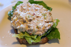 Open-faced tuna salad sandwich on lettuce and bread
