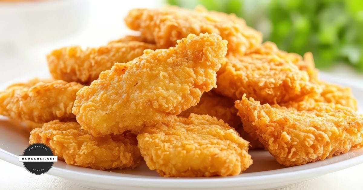 prepared chicken tenders on white place