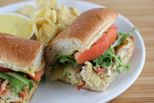 Honey mustard chicken sub with lettuce and tomato