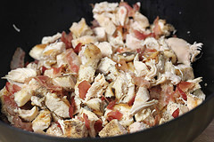 Chopped chicken and bacon mixture in a bowl