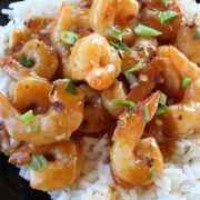 Close-up of Szechuan shrimp with sauce and green onions on rice