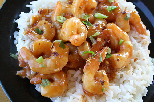 Close-up of Szechuan shrimp with sauce and green onions on rice