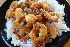 Spicy Szechuan shrimp with green onions over rice
