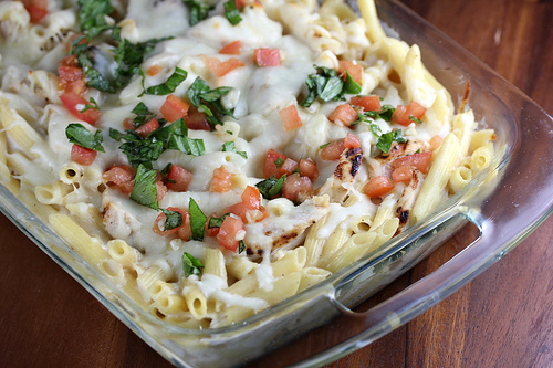 Baked chicken penne with cheese and basil