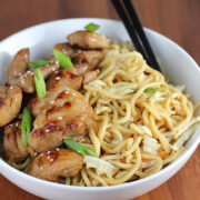 Chicken noodles in a bowl with scallions