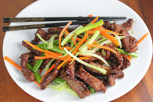 Crispy Sichuan beef with sliced vegetables