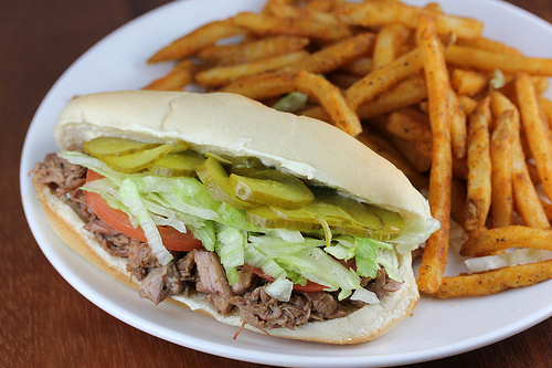 Plate of beef po' boy and fries
