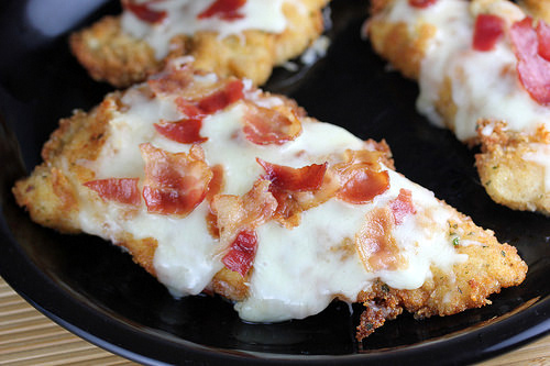 Crispy breaded chicken with cheese and bacon