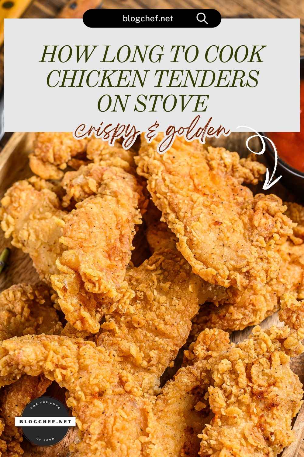 Crispy golden chicken tenders with overlay text